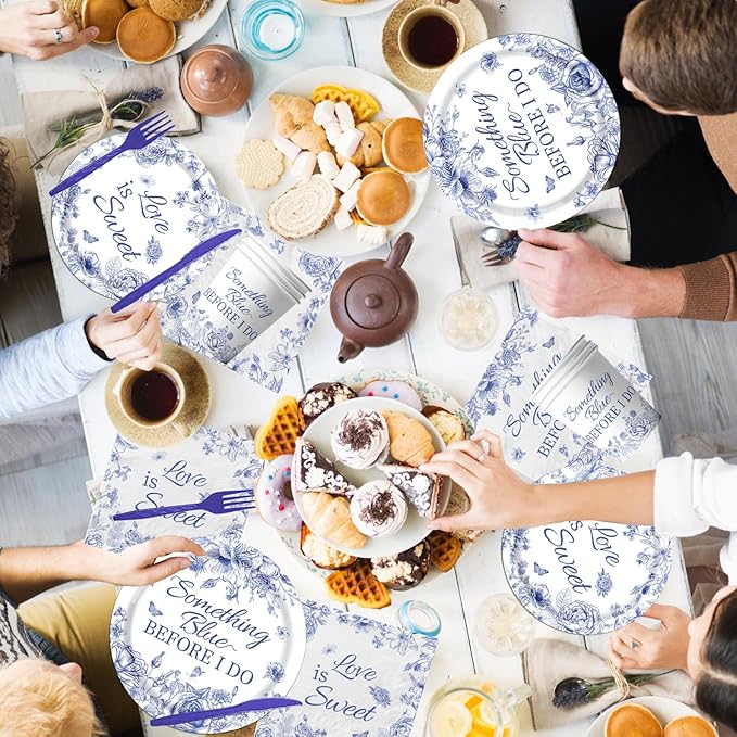 142PCS Something Blue Before I Do Bridal Shower Decorations Bridal Shower Party Favors for 20 Guests Blue Floral Plates and Napkins Tableware Set for Wedding Engagement
