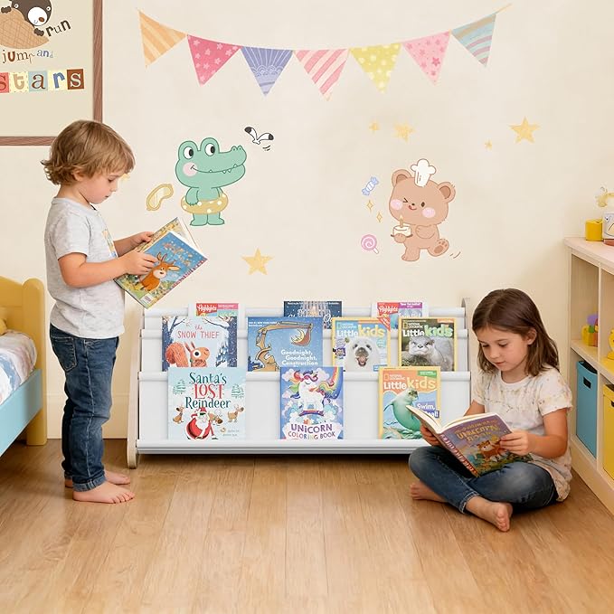 Toddler Bookshelf,4-Tier Book Rack Organizer with Fabric Storage Pockets, Wooden Bookshelves with Open Forward Display, Montessori Book Shelf for Nursery/Playroom, Natural Flower Design/White