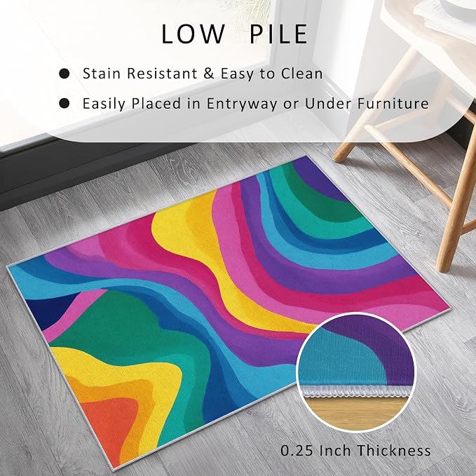 Rainbow Abstract Rugs 5x7, Colorful Retro 70s Washable 5 x 7 Area Rug for Living Room, Bedroom, Low Pile Non Slip Stain Resistant Carpet, Abstract Home Decor Accessories & M887