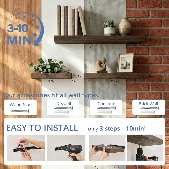 Floating Shelves for Wall, Bathroom Shelves Over Toilet, Wall Shelves & Book Shelf, Hanging Shelf, Modern Wooden Wall-Mounted Samll Floating Shelves, 12x7x1.5 in (Smoke-Gray, Set of 2)
