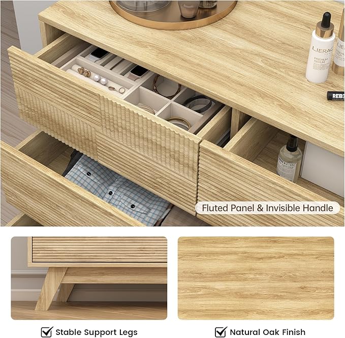 Hadulcet Wood Dressers for Bedroom 34” Tall, Large 8 Drawer Dresser TV Stand, Modern Chest of Drawers for Closet Clothes Storage Organizer with Fluted Panel, No Handles Design, Natural Oak