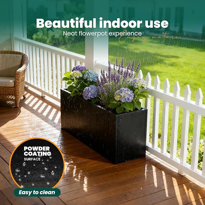 Metal Rectangular Planter Black Galvanized Steel Rectangle Indoor Planter Box Large Outdoor Planters Steel 25" L x 11" W x 13" H Commercial Residential for Patio, Yard, Garden