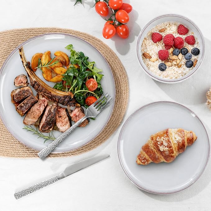 E-far Stoneware Dinnerware Sets for 2, 6 Pieces Reactive Glaze Plates and Bowls Sets, Elegant Dishes with Rustic Terracotta Base, Dishwasher & Microwave Safe, Scratch Resistant, Glacier White