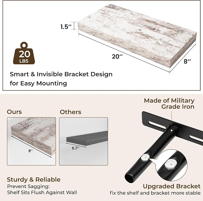 RICHFOCUS 20Inch Floating Shelves for Wall 2 Pack Shelves for Plant|Bedroom|Kitchen|Bathroom Rustic Wood Wall Mounted Shelf with Invisible Brackets for Books|Storage|Decor, Rustic White