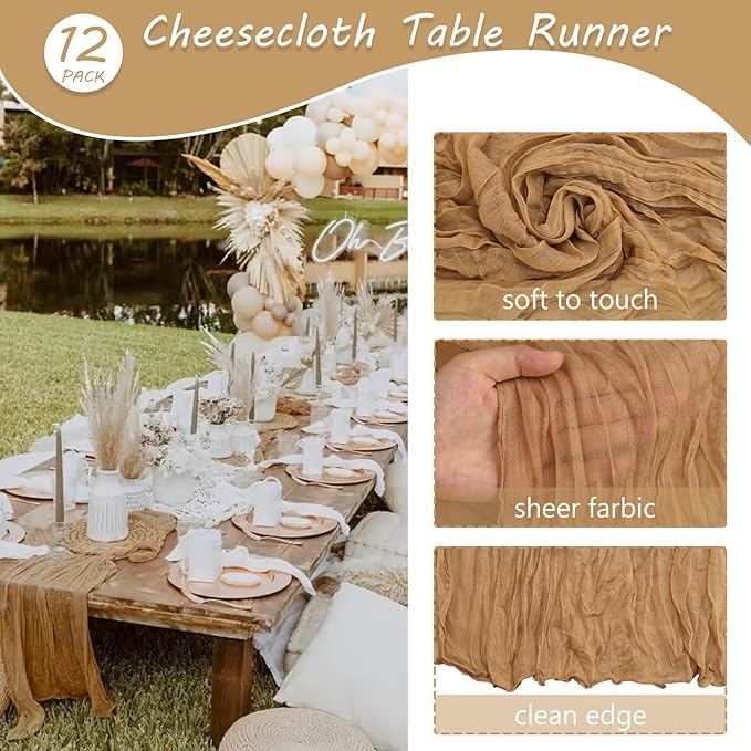 12 Pack 13Ft Cheesecloth Table Runner 35x157 Inch Boho Gauze Table Runner Cheese Cloth Long Table Runner Rustic Table Runner for Wedding Bridal Shower Birthday Party Table Decor (Nude)