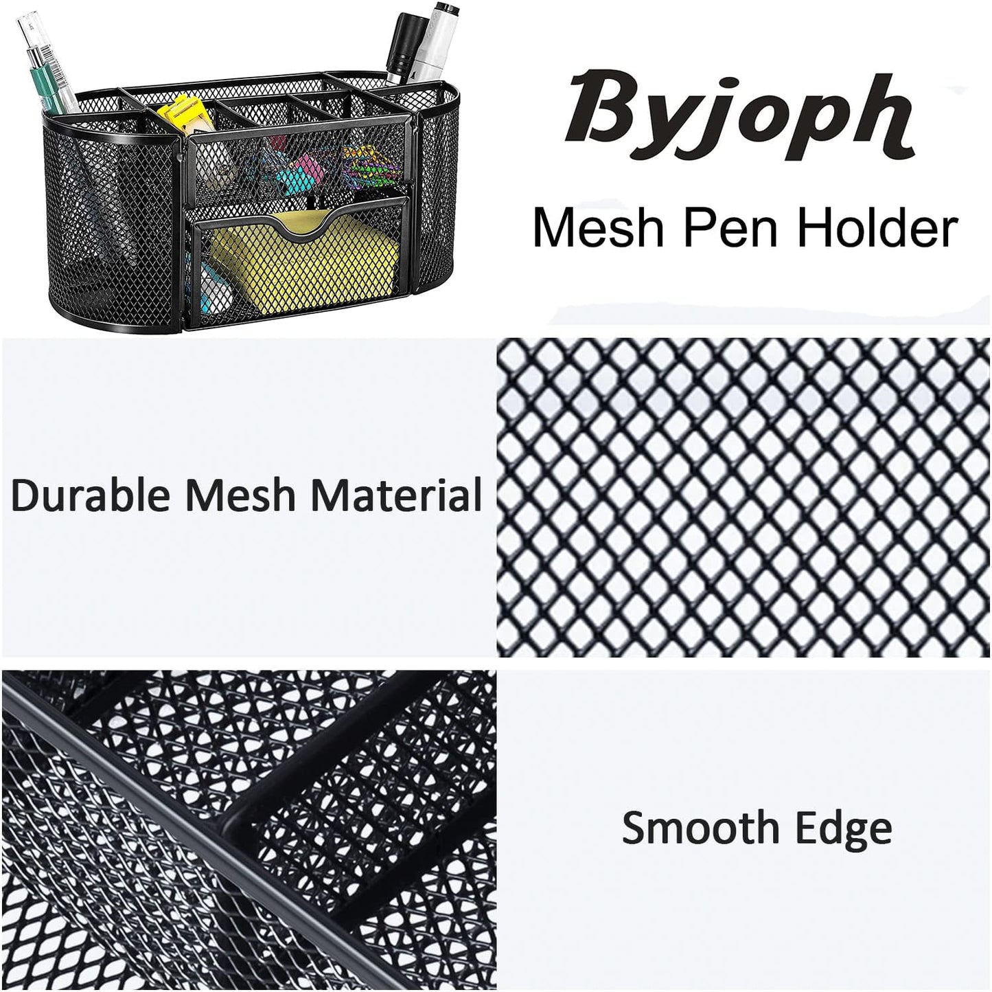 Skiennix Black Mesh Pen Holder - Cute Desk Organizer with 8 Compartments & Drawer for Office, School, Home