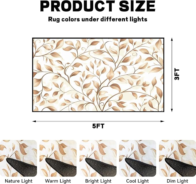 Botanical Leaf Vine Area Rug Beige Floral Branch Print Rug for Entryway Bedroom Living Room Kitchen Home Decor Non-Slip Washable Floor Mat Modern Farmhouse Carpet,3'x5'