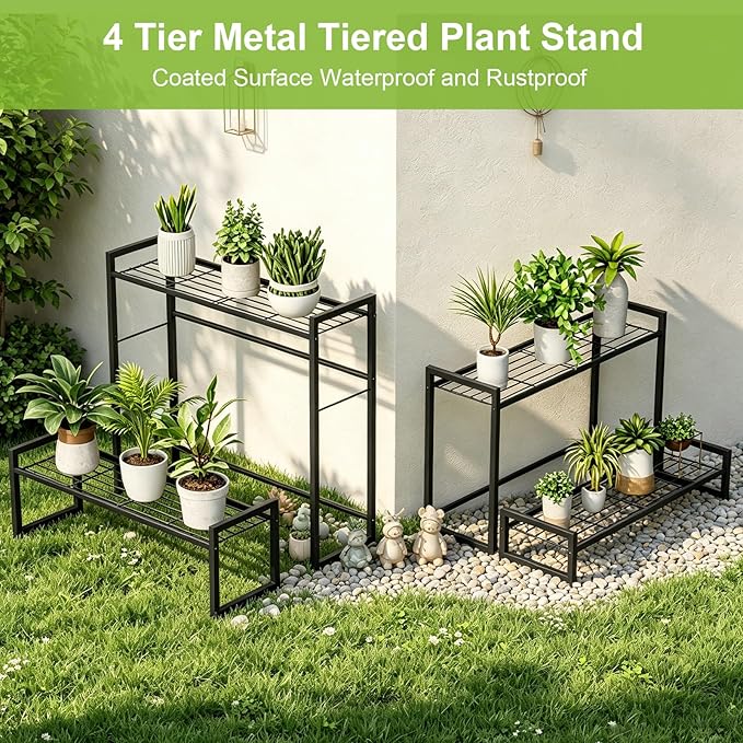 VyGrow Plant Stand, 4 Tier Stackable Tiered Plant Stand, Scalable Heavy Duty Tall Plant Shelf for Indoor Outdoor, Garden, Display Shelves, Flower Pot Holder, Black