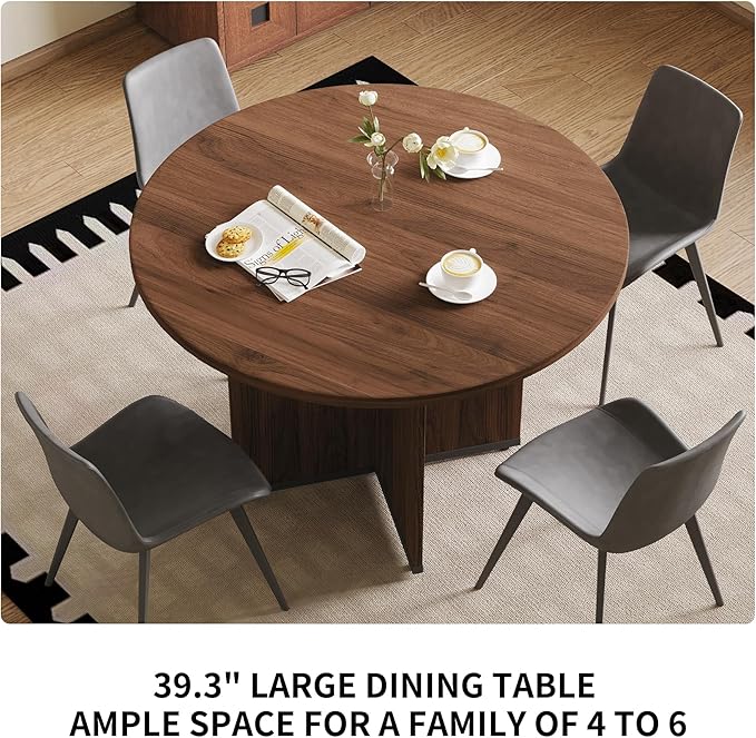 HIPIHOM Modern Round Dining Table Set for 2, 39.4" Walnut Kitchen Table with 2 PU Leather Chairs, 3-Piece Mid-Century Dining Room Set for Small Spaces, Pedestal Base & Ergonomic Padded Chairs