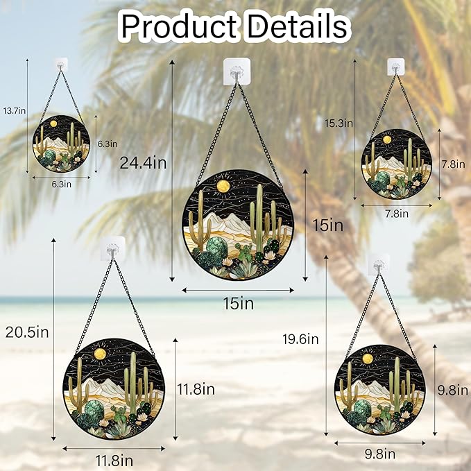 Stained Glass Window Hanging, Black and White Golden Cactus Nature Suncatcher for Doors Window Home Starry Sky Sun Catchers Decor Mother's Day Birthday Gifts for Women, Men Mom 11.8 in