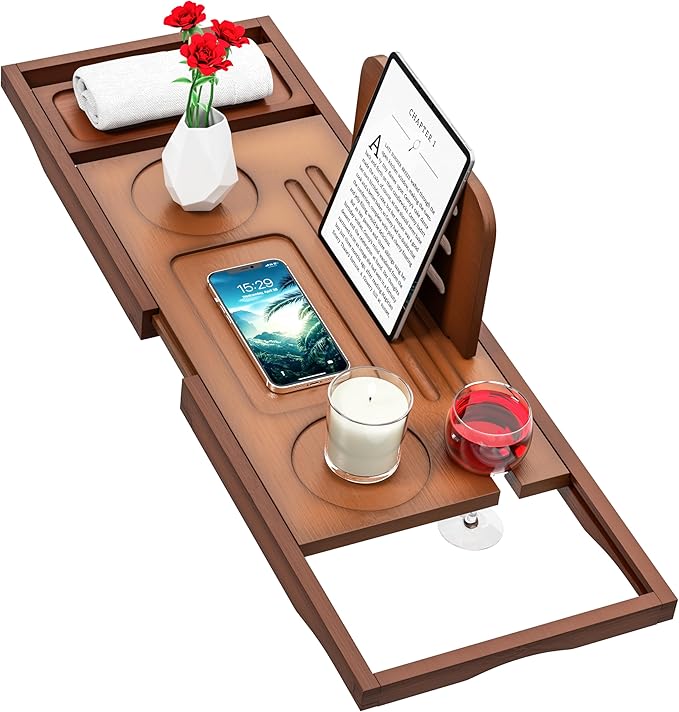 Premium Bamboo Bathtub Tray Caddy - Bath Tub Tray Table for Bathtub - Bath Caddy Tray for Bathtub, Expandable Size, Fits Most Bath Tubs