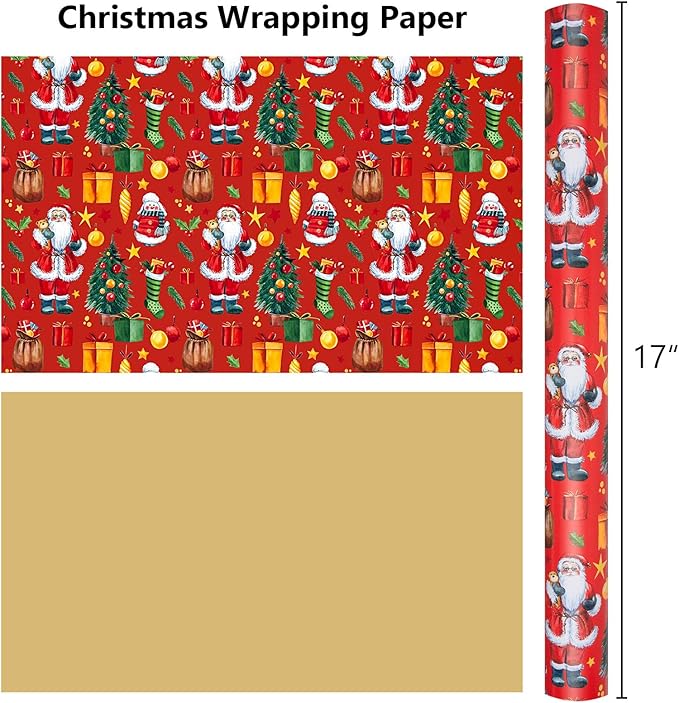 MAYPLUSS Christmas Wrapping Paper Roll - 17IN X 33FT - Red Gift Wrapping Paper Featuring Santa Claus Christmas Tree Snowman Reversible Gold for Kids, Holiday, New Year