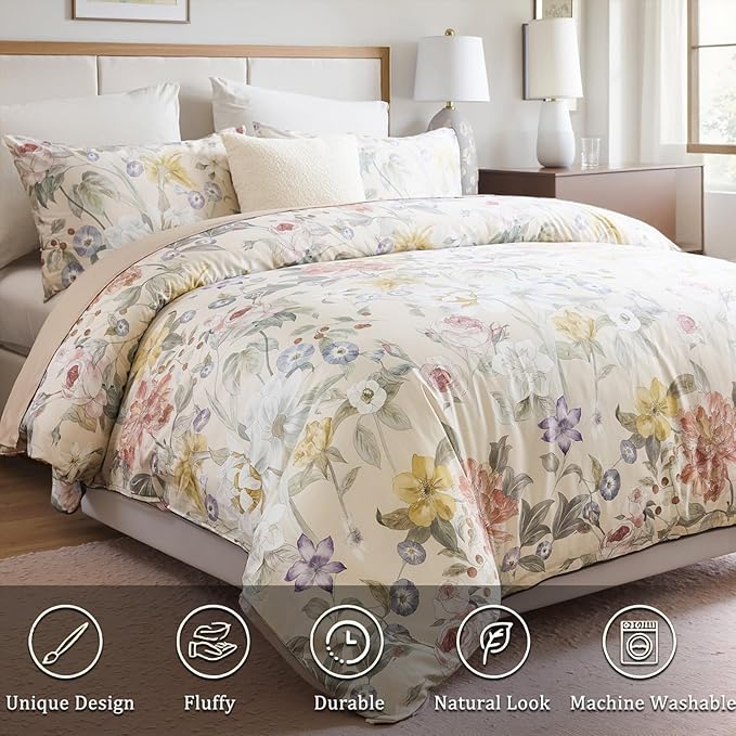 100% Cotton Duvet Cover King Size – Blooming Garden Duvet Cover Set with Zipper Closure & Corner Ties, 3-Piece Silky Soft & Breathable Pastel Floral Bedding Set for All Seasons