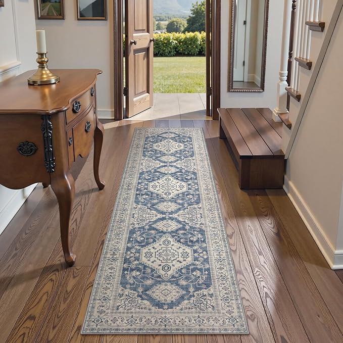 Lahome Oriental Washable Runner Rug Non Slip, 2x7 Rug Runners for Hallways Kitchen, Ultra-Thin Hallway Rugs for Laundry Room Bathroom Bedroom, Blue