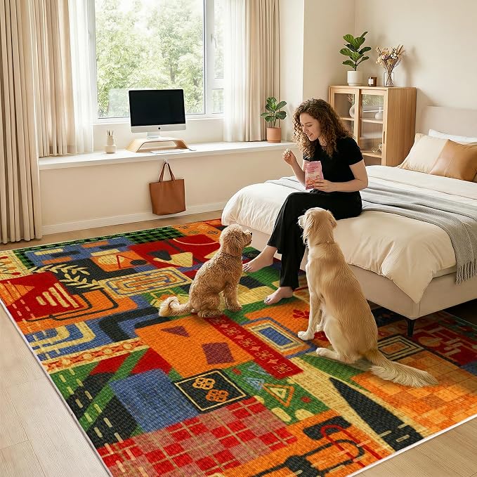 8x10 Abstract Tribal Patchwork Large Area Rug, Colorful Boho Tribal Geometric Rugs for Living Room, Non Slip Low Pile Washable Indoor Carpet Rug for Bedroom, Entryway, Dining Room, Home Office Decor