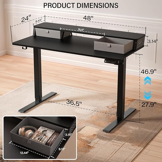 Electric Standing Desk with 2 Drawers 48''x 24'' Adjustable Height Sit to Stand Up Desk with Storage Shelf, C-Clamp Mount Compatible Black Home Office Desks Computer Gaming Table Ergonomic Workstation