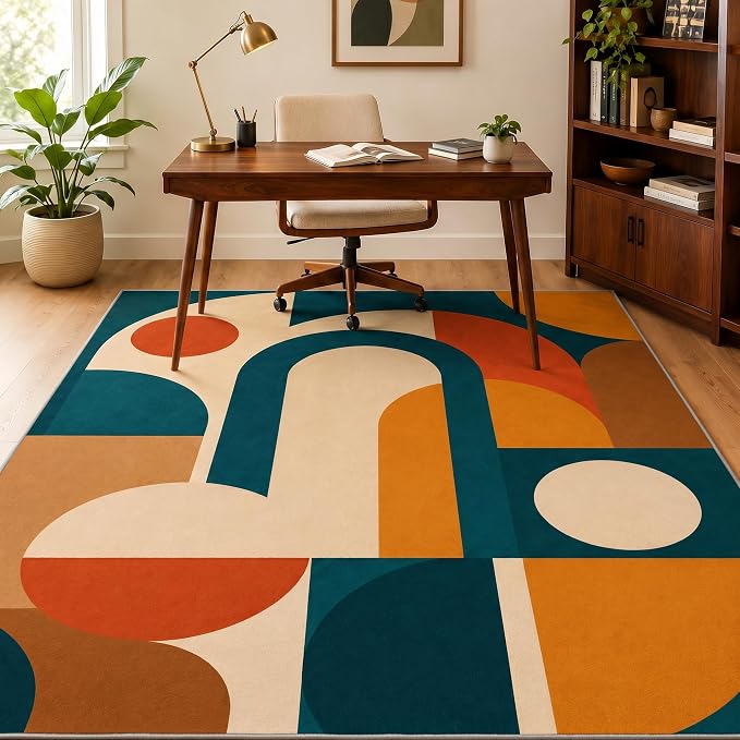Mid Century Area Rug 5x7, Home Decor | Deep Teal Terracotta Arch Blocks, Retro Geometric Rug for Living Room, Bedroom, Home Office, Non Slip, Washable, Low Pile