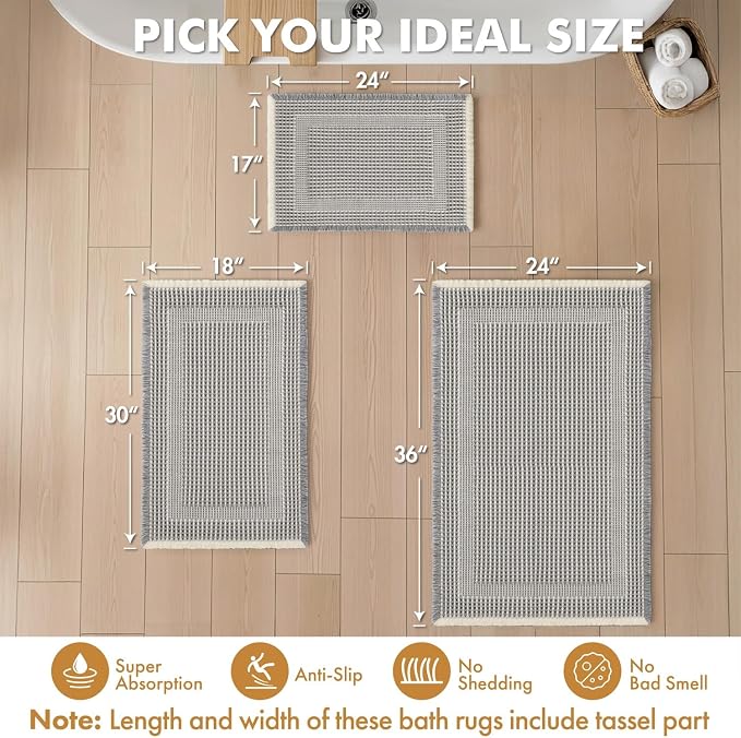 MIULEE Set of 2 Waffle Bathroom Rugs, Boho Bath Rug Super Absorbent, Non Slip Washable Ultra Soft Rubber Backed Shower Bath Mats for Floor, Tub, Looped Design, Lightgrey & Cream, 17"x24"+18"x30"