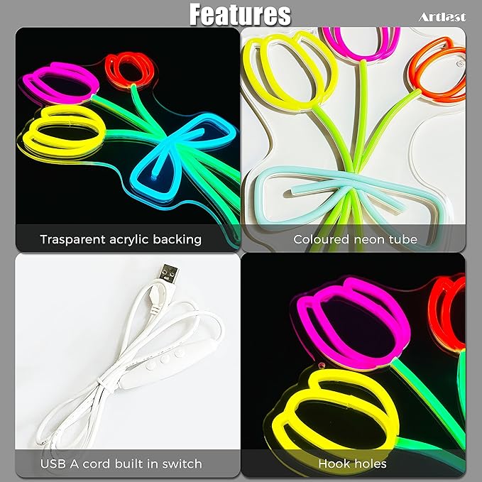 Tulip Flower Neon Sign for Wall Decor LED Tulip Lamp With Dimmable Switch Tulip Neon Night Light for Bedroom Wall Decor Flower Shop Decor Tulip Sign for Living Room Party Decoration