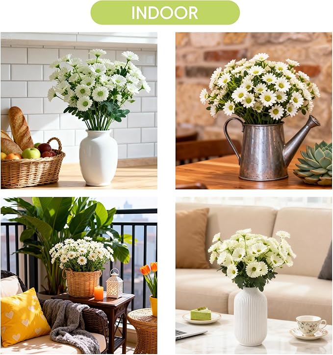 Artificial Daisy Flowers, 8 Bundles UV Resistant Fake Mums for Outdoors, White Silk Fall Flowers for Planters, Porch, Front Door, Garden, Yard, and Indoor Home Decor