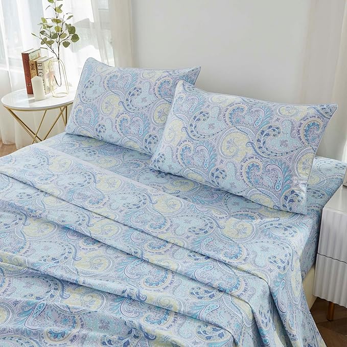 Brandream King Size Sheet Set Luxury Floral Boho Medallion Blue Paisley Bedding Collections 800 Thread Count 100% Egyptian Cotton Deep Pocket, 4 Piece