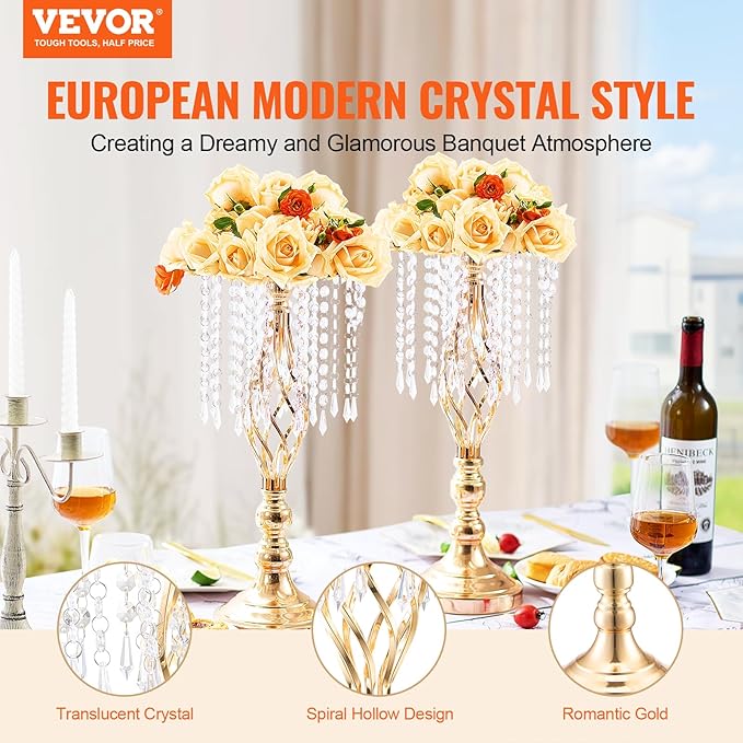 VEVOR Metal Wedding Centerpiece Gold,Crystal,12PCS 49cm/19.3”