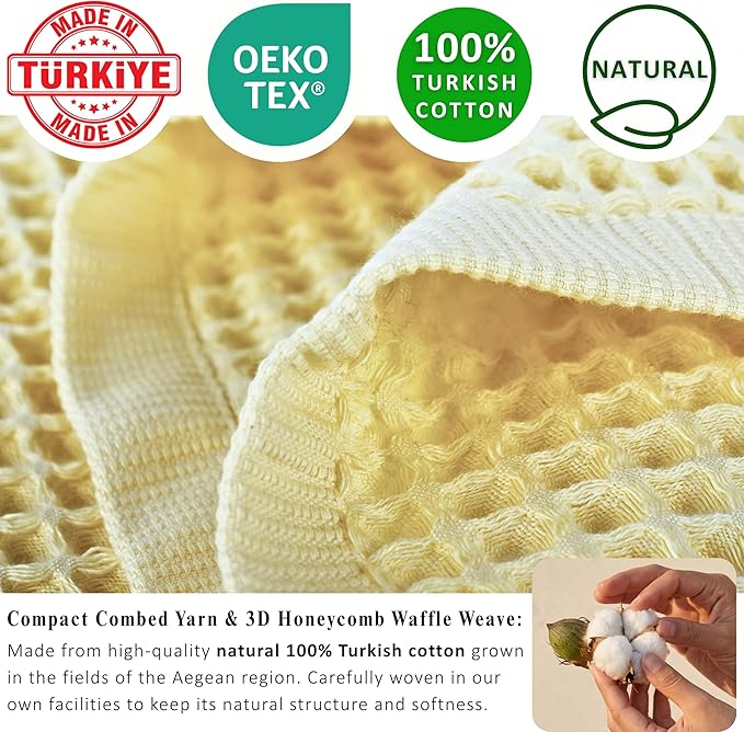 PÜSKÜL 4-Piece Natural 100% Turkish Cotton Luxury Waffle Towels for Bathroom | Premium Honeycomb Weave 2 Hand Towel & 2 Bath Towel Set | Soft Absorbent Quick-Dry Lightweight Towels (Light Yellow)