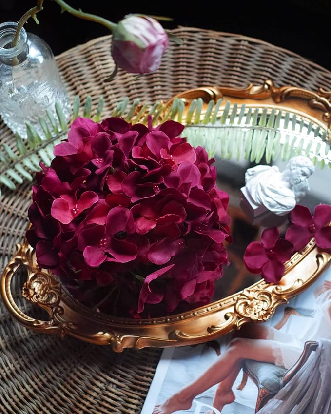 DuHouse 8.7" Silk Hydrangea Artificial Flower Heads with Stems Fake Hydrangeas Flowers for DIY Wedding Centerpiece Home Decor,Pack of 6 (Burgundy)