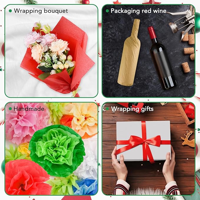 NEBURORA 100 Sheets Christmas Tissue Paper Red Green Silver Golden Gift Wrapping Tissue Paper for Holiday Gift Crafts Bags and Party Decorations
