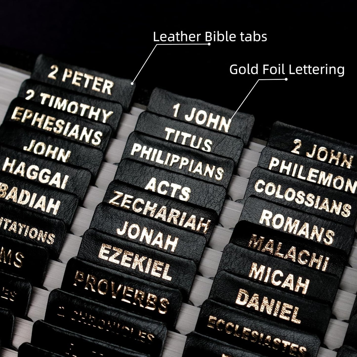 UPAFEXXI Leather Bible Tabs - Large Print Stickers with Gold Foil Lettering | Easy Navigation Labels (Black)