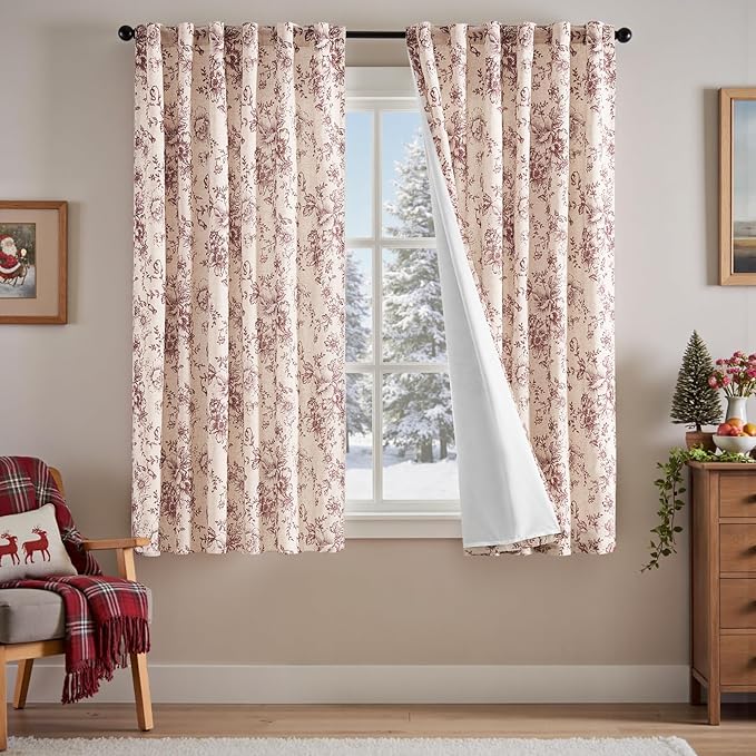 jinchan Lined Linen Blend Curtain Floral Curtains for Living Room 63 Inch Length Christmas Red Peony Flower Printed Curtain Rod Pocket Back Tab Farmhouse Patterned Drapes Curtains Set 2 Panels