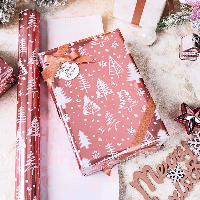 MAYPLUSS Pink Christmas Wrapping Paper Roll - 17IN X 33FT - Gift Wrapping Paper Featuring Christmas Tree Snowflake Reversible HO for Kids, Holiday, New Year