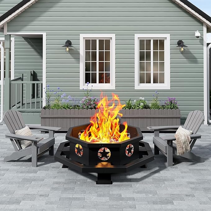 Auhilence 43 inch Large Fire Pit, Outdoor Fire Pit with Heavy Duty Construction, Wood Burning Fire Pits for Outside Octagonal Firepit for Camping, Backyard, Patio, Black