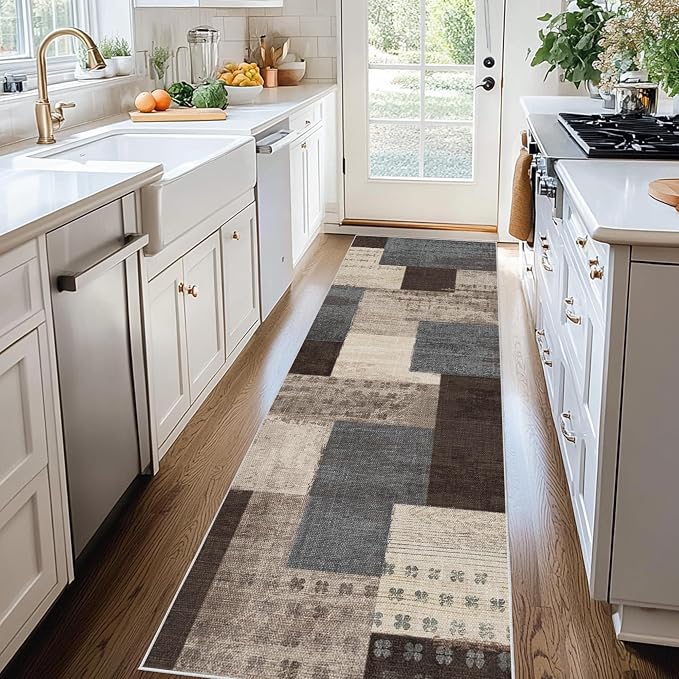 Modern Geometric Patchwork Indoor Runner Rug for Living Room, Blue-Taupe 2'x 6' Rug Rockwood Collection Hardwood Floors Decor for Bedroom, Blue Throw Carpet for Office Entryway Dining Room