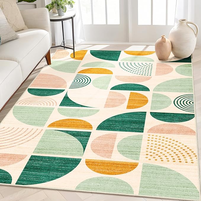 MUJOO Green Rug Boho Washable,4x6.5 Area Rugs for Bedroom Entryway Living Room Bedside,Small Throw Floor Carpet Non Slip Soft Indoor Modern Abstract Sage Green