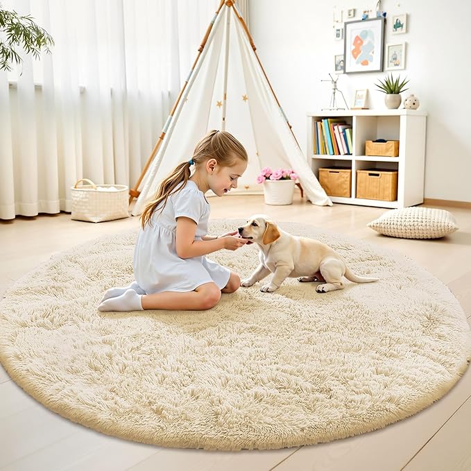 OLANLY Cream Round Rugs for Bedroom - Machine Washable, 7 ft Circle Area Rugs for Living Room, Soft and Fluffy Shaggy Carpet for Teen Girl and Boys, Nursery Rooms, Dorms, Home Decor Aesthetic