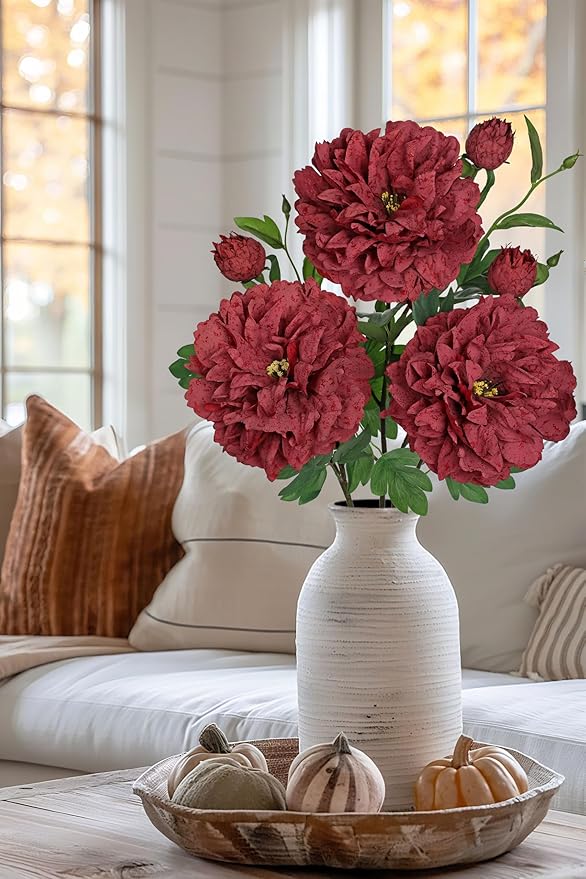Dark Red Peonies Artificial Flowers 3Pcs Fall Flowers for Fall Decoration 27.5" Real Touch Silk Faux Peony Flower with Stems for Home Autumn Floral Arrangement Vase Table Centerpieces Bouquet Decor