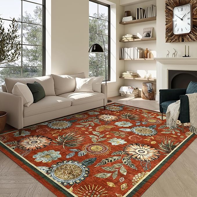 Washable 8x10 Modern Floral Area Rug Ultra Soft Thin Bedroom Carpet Non Shed Large Rugs Non Slip Living Room Rustic Rug Stain Resistant Indoor Home Decor Carpet for Farmhouse Dining Room, Brick Red