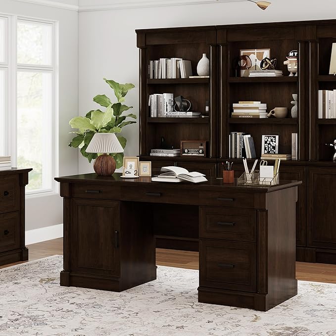 61.85″ Large Executive Desk with Roman Column Design, for Boss Office Home Office 3 Drawers incl. File Drawer, Keyboard Tray, Shelf Cabinet with Door, Dark Cherry