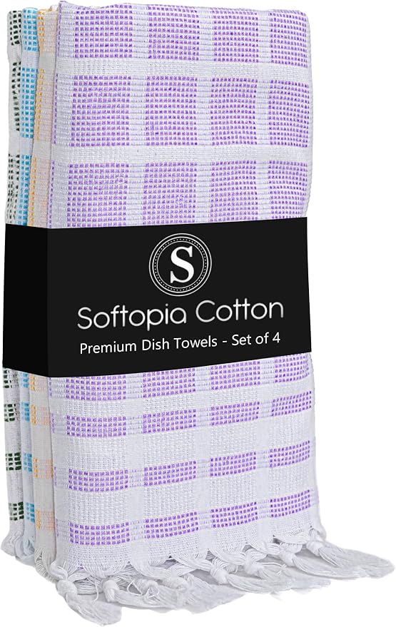 4 Pack Combo Colors Matrix Kitchen Towels, 100% Cotton, 16"x26", Absorbent Tea Towel with Handmade Tassels, Reusable Cleaning Cloths - Lavender, Sandal Yellow, Aqua Blue, Forest Green