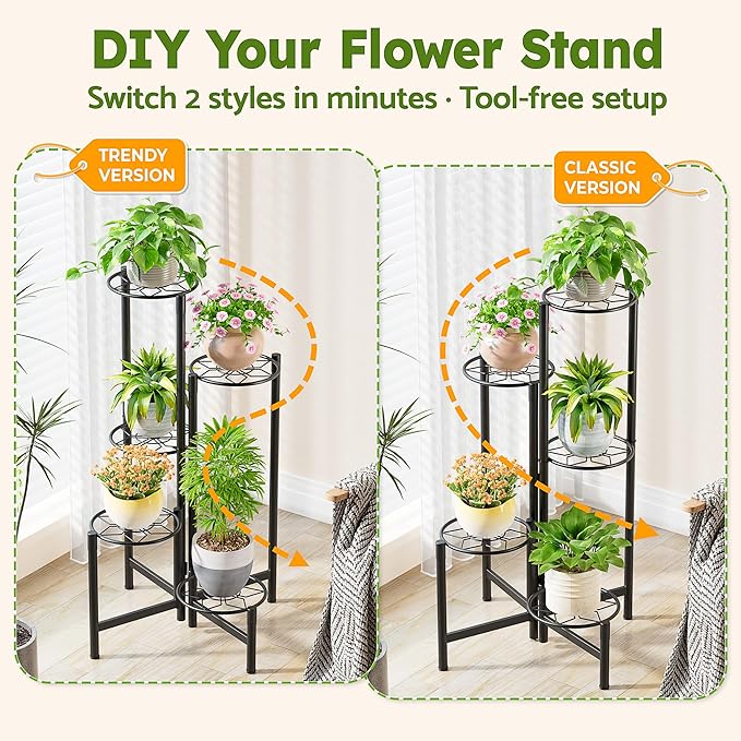 Plant Stand 5 Tier Indoor Metal Flower Shelf for Multiple Plants Corner Tall Flower Holders for Patio Garden Living Room Balcony Bedroom Black Diamond