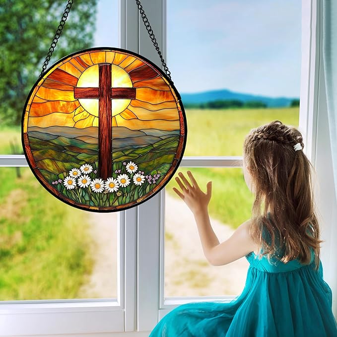 Christian Gifts for Women - Cross Stained Glass Window Hanging Easter Daisy Natural Landscape Sun Catcher Garden Religion Decor Mother's Day Catholic Gift for Men Grandma Mom Her Nana 6.3"