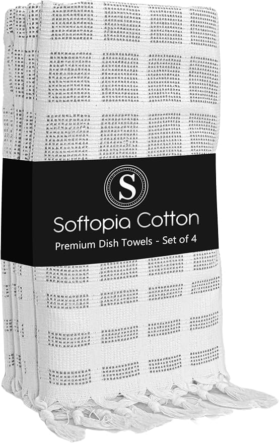 Matrix Dobby Kitchen Dish Towels Set of 4, 100% Cotton, 16x26 Inches, Reusable Dishcloths with Handmade Knotted Tassels, Absorbent, Washable Towels for Cleaning - Dark Gray, White