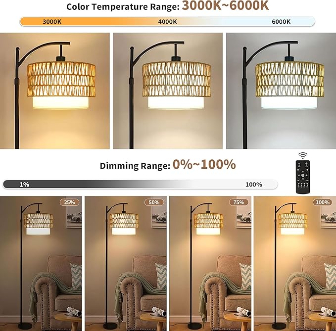 ZECOXOL Arc Floor Lamp for Living Room Boho Floor Lamps with Remote Control & with 3 Color Temperatures,Rattan Wicker Standing Lamp Dimmable Tall Floor Lamp for Bedroom Living Room Corner