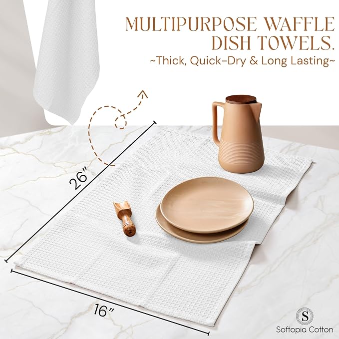 White Waffle Kitchen Towels Set of 4-100% Cotton, Super Absorbent, Soft, Quick Drying, 16x26 Inches, with Hanging Loop, Perfect for Dish Drying, Cleaning, Bar & Everyday Use