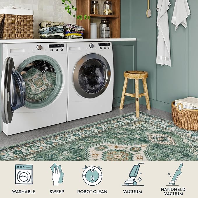 Lahome Oriental Small Rugs for Entryway, 2x3 Rug Non Slip Washable Door Mat Indoor Entrance Ultra-Thin Vintage Soft Carpet for Kitchen Bedroom Front Door Bathroom, Green/Multi