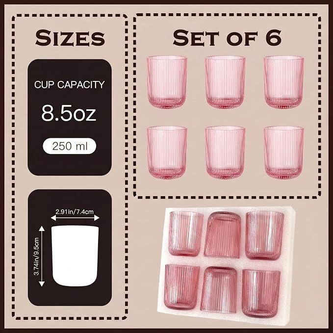 Pink Ribbed Drinking Glasses Set of 6,8.5oz Vintage Highball Tumblers,Colored Glassware for Juice,Milk,Coffee & Cocktails,Gift for Party,Housewarming,Mother's Day
