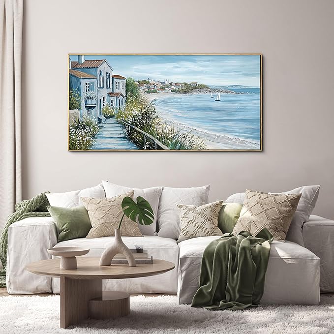 KLAKLA Coastal Decor Nautical Boat on Beach Canvas Picture Ocean Seagull Seascape Canvas Print Farmhouse Artwork for Seashore Bedroom Living Room Large Square Blue Teal 29x58 Inches