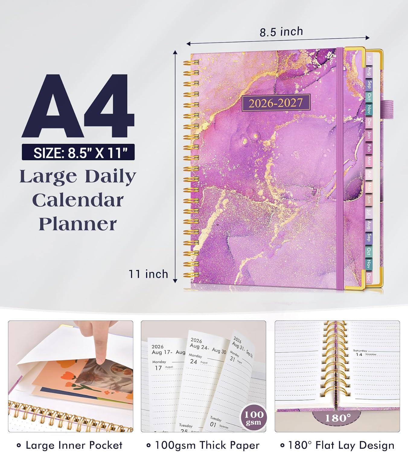 Academic Planner 2026-2027 | 18-Month Hardcover Weekly & Monthly Organizer - Large 8.5" x 11" Purple Marble