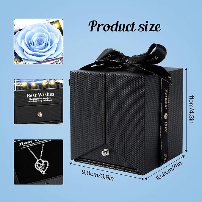 Christmas Birthday Gifts for Women - Preserved Real Rose with I Love You Heart 100-Language Necklace, LED Lights & Music Gift Box, Christmas for Women Girlfriend Mom